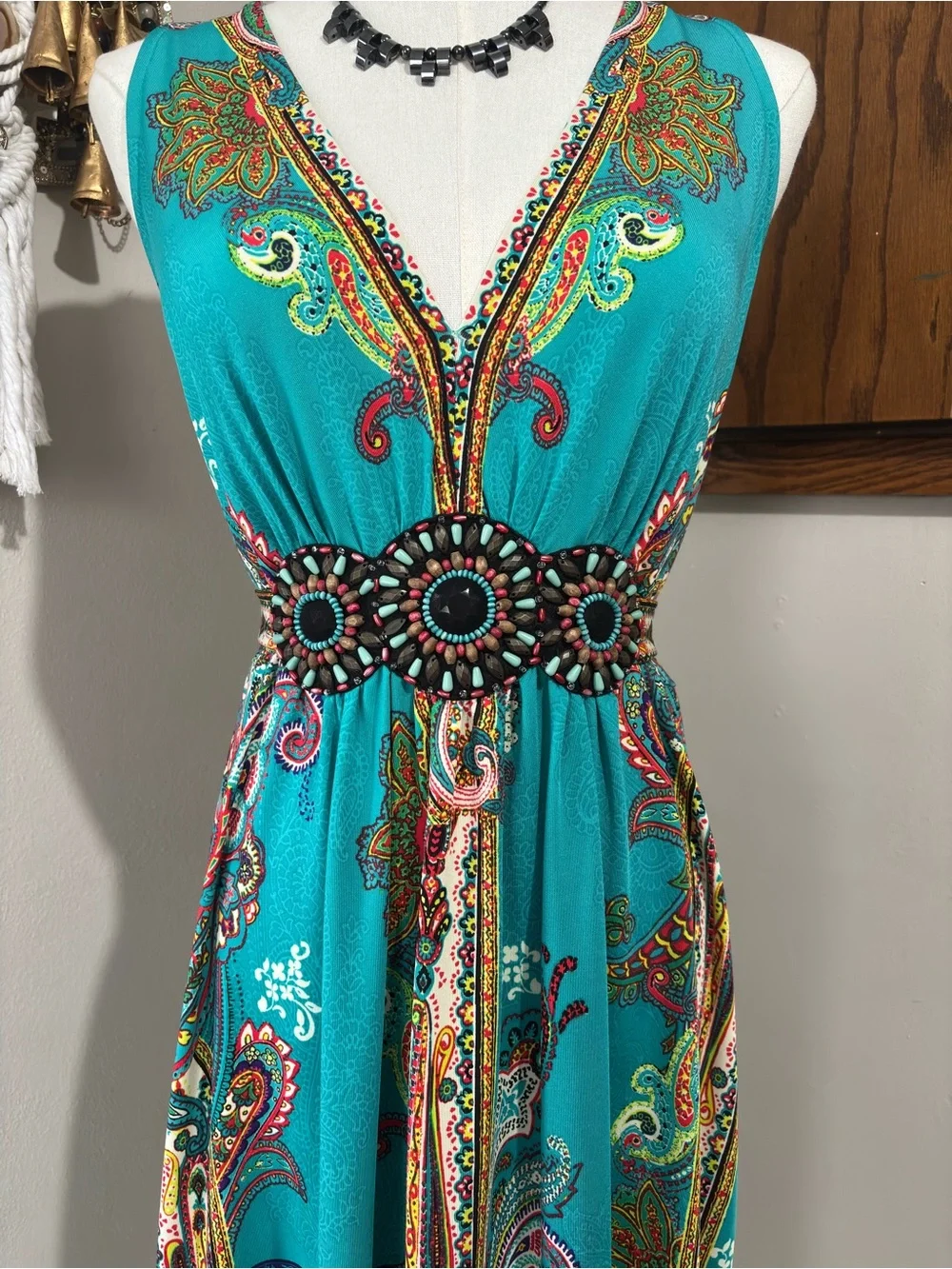 ICE Vtg Beaded Waist Flowy Midi Dress V Neck Size 12 Teal Paisley Boho Chic - Picture 3 of 9